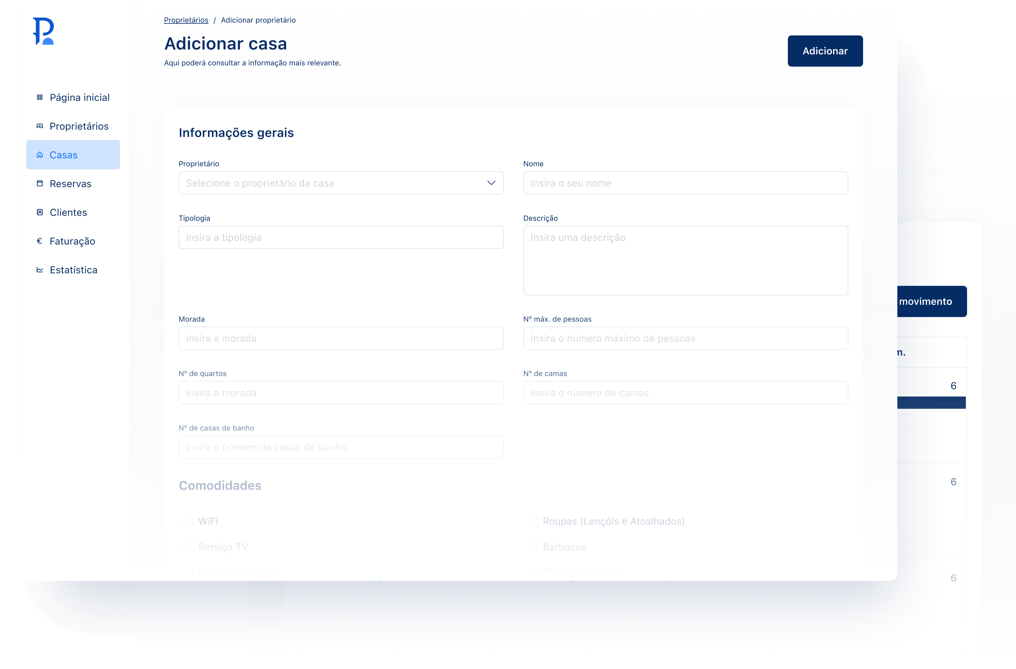 Interface de adição de propriedades